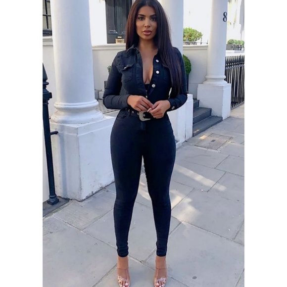 Black Denim Jeans Long Sleeve Belted Bodycon Jumpsuit Playsuit - Picture 5 of 10